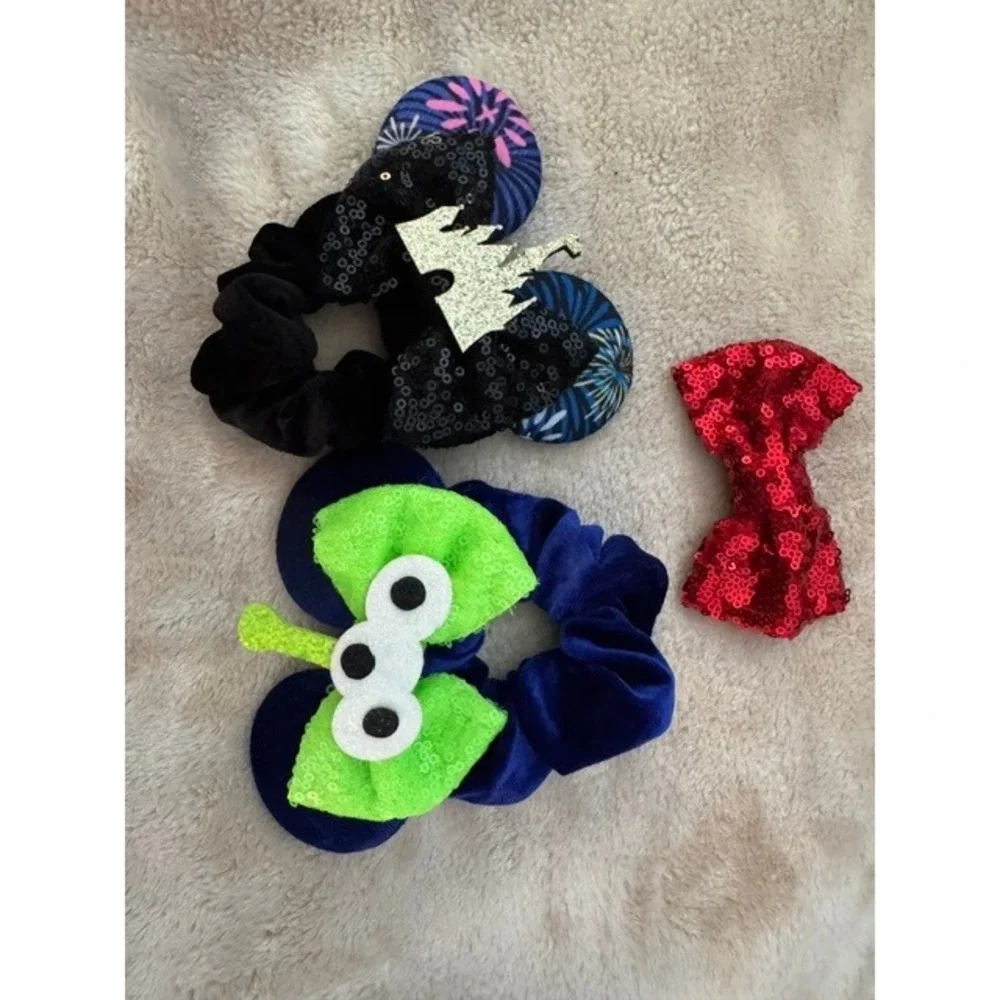 Disney Inspired Hair Accessory Lot Alien Castle Scrunchies Red Sequin Bow Clip